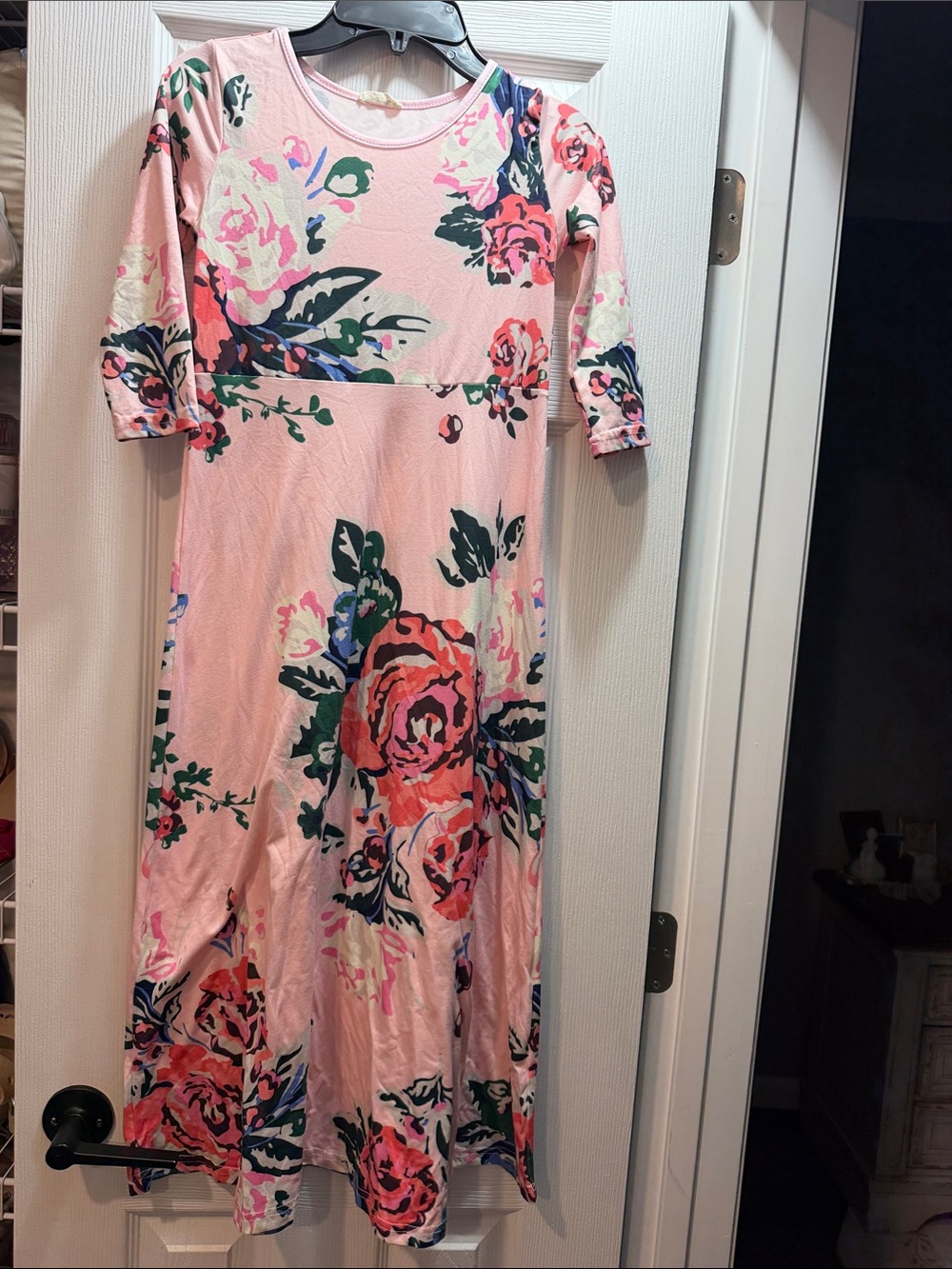 Girls' Pink Floral Maxi Dress with Three-Quarter Sleeves